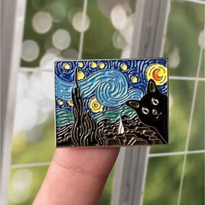 Starry Night Van Gogh Black Cat Painting Art Enamel Pin/ Brooch Lapel